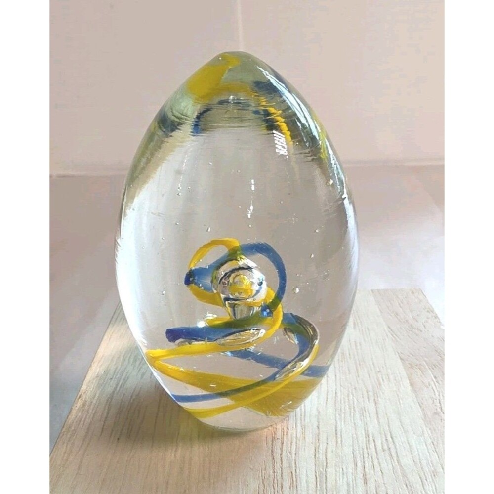 Vintage Art Glass Blue Yellow & Clear Spiraling Helix in Egg Paperweight